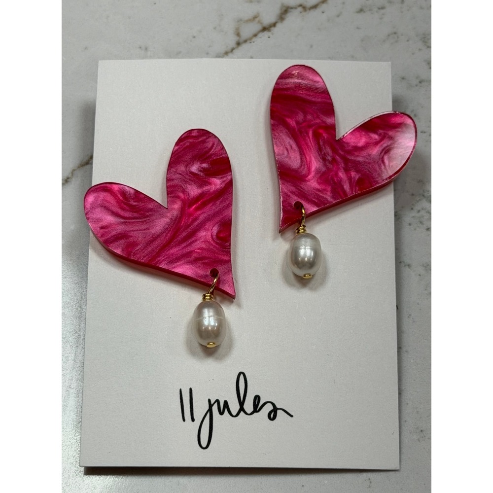 11Jules Hot Pink Marbled Acrylic Heart Earrings with Freshwater Pearl Drops NEW